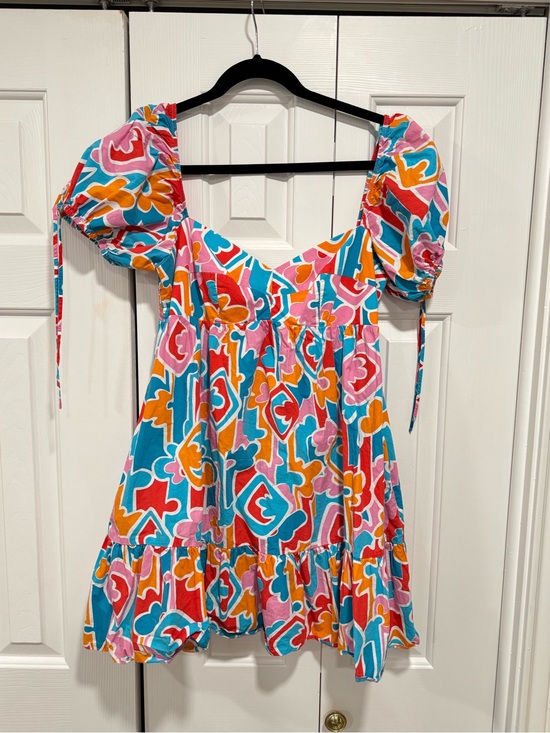 Amanda Uprichard Dresses & Skirts - Amanda Uprichard Pink Teal Orange Puff Sleeve Babydoll Mini Dress L